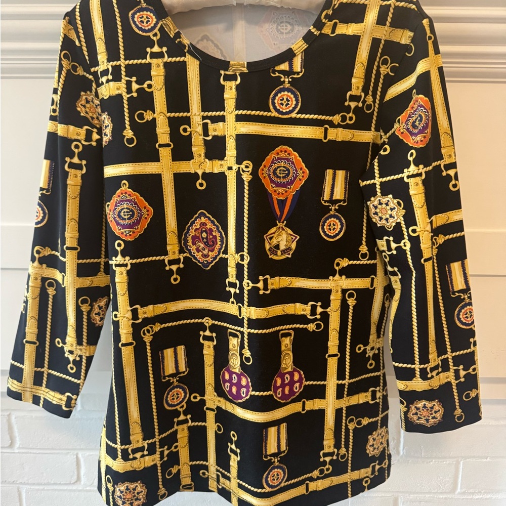J. McLaughlin Black and Gold Chain Print Blouse